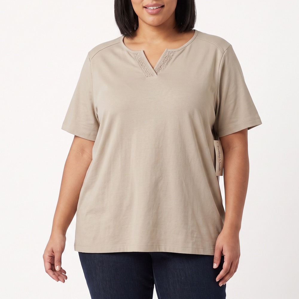Hasting & Smith T-Shirt Womens 2X Split Neck Tan Lace Trim New